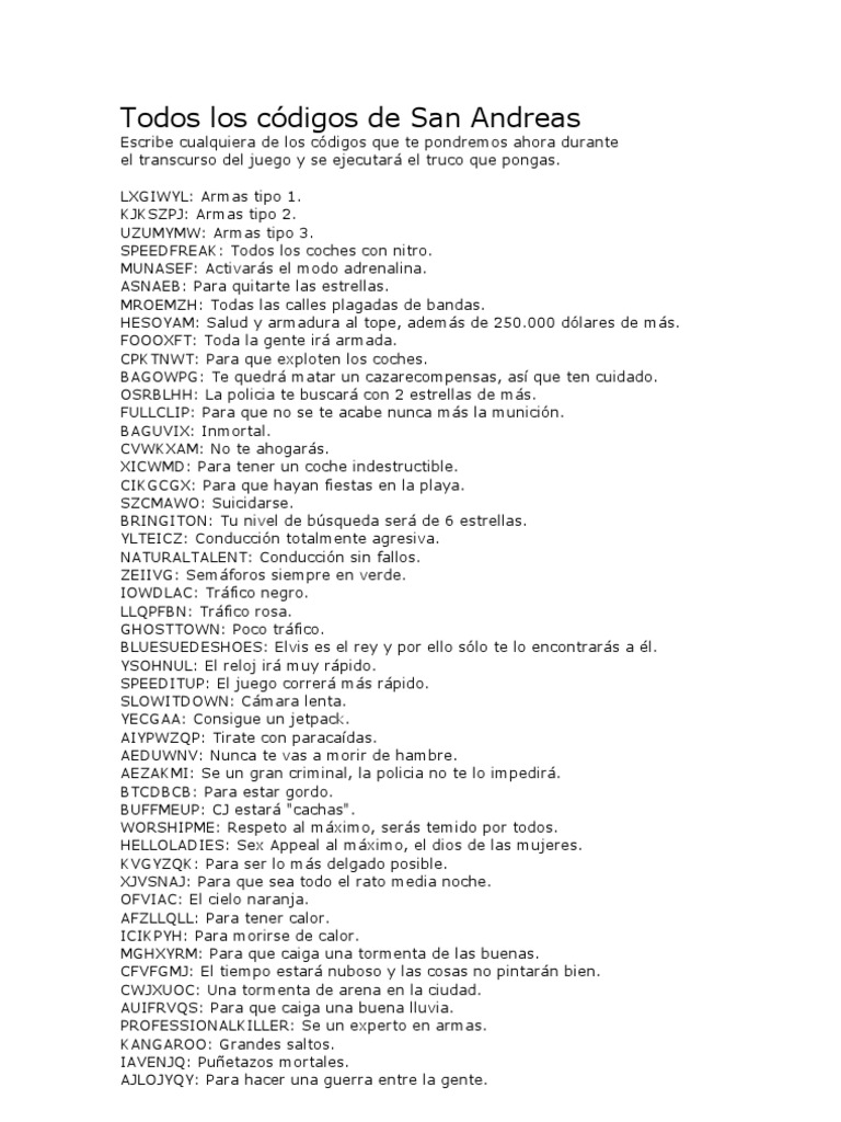 Todos los códigos de San Andreas