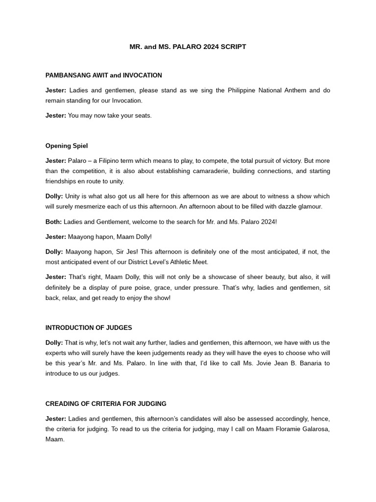 Mr. and Ms. Palaro 2024 Program Script | PDF