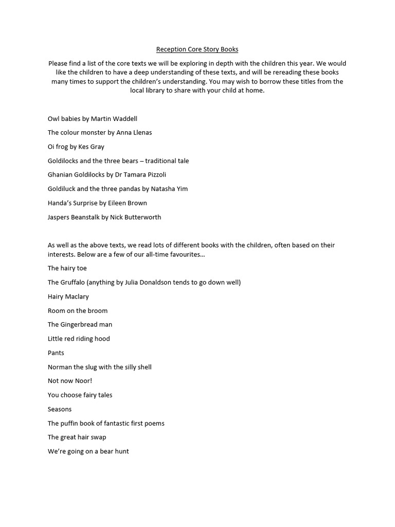 Reception Core Books For Parents | PDF