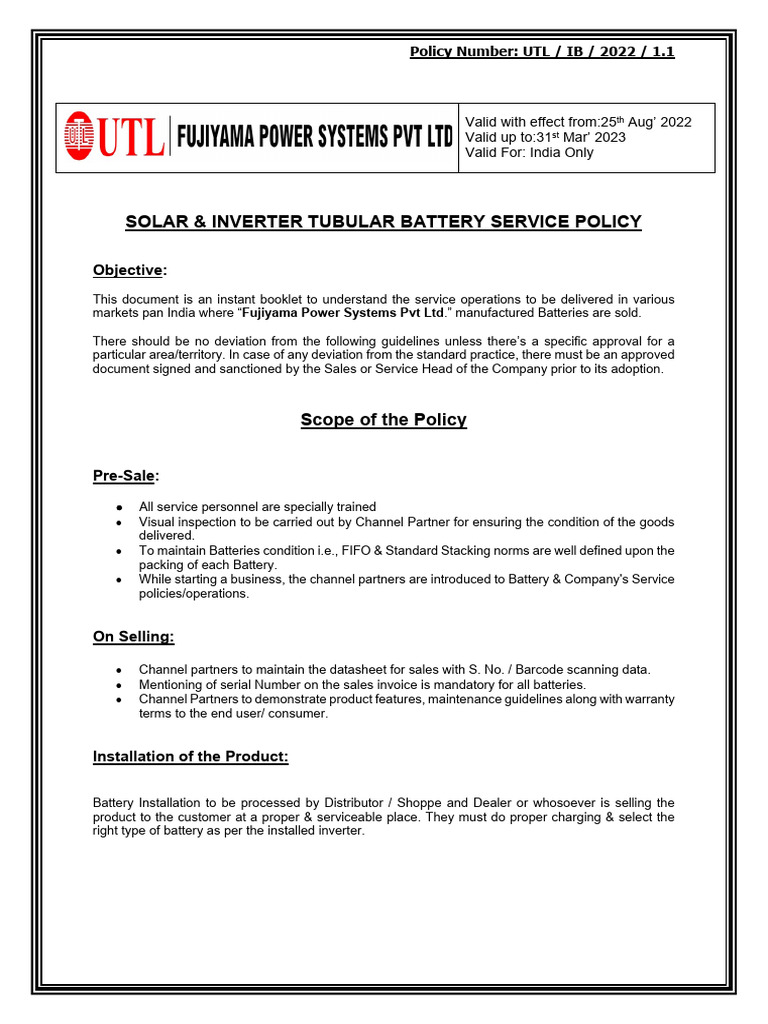 Solar Inverter Battery Service Policy | PDF | Battery Charger | Electricity