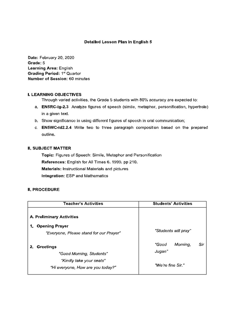 Detailed Lesson Plan in English 5 | PDF