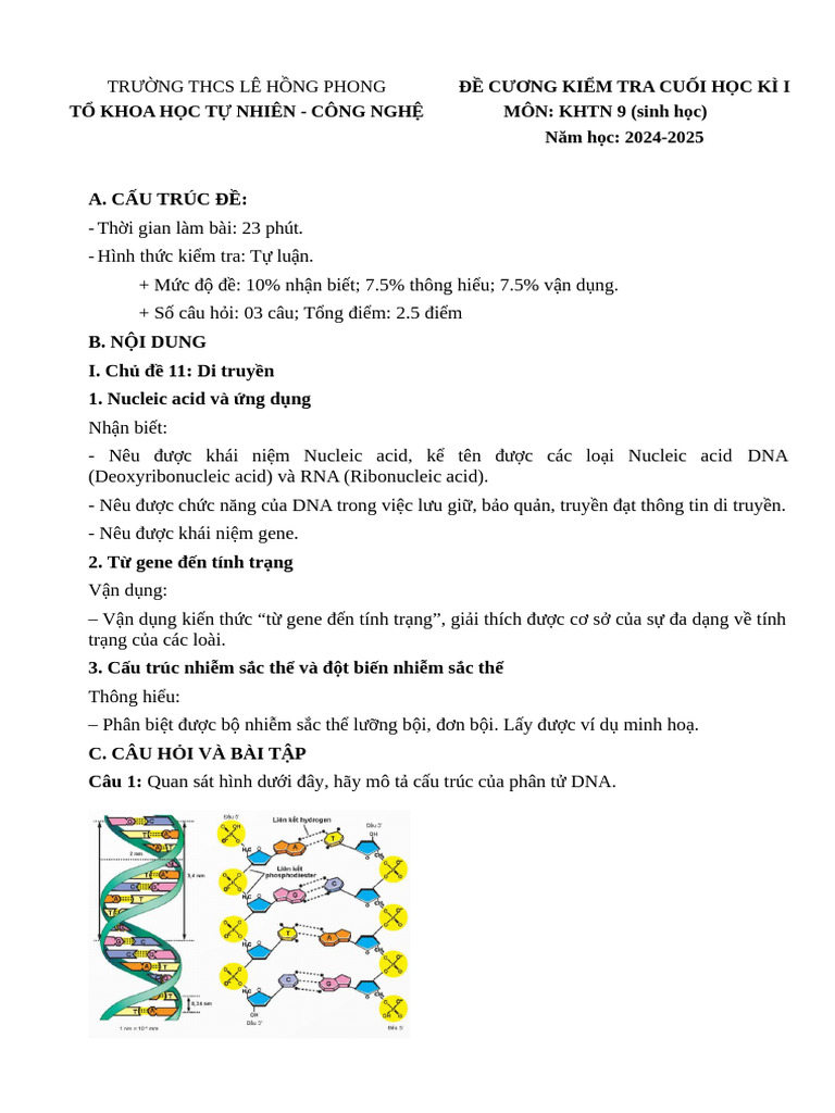 2024-2025 - de Cuong Kiem Tra Cuoi HK 1 - KHTN 9 - Phan Mon Sinh Hoc | PDF
