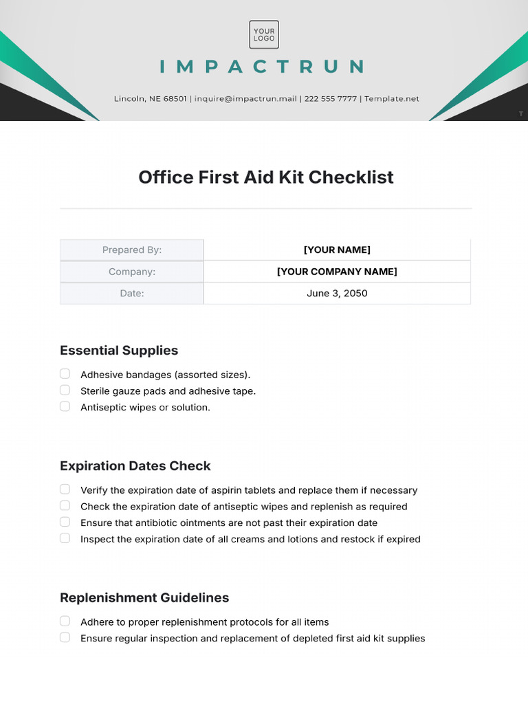 Office First Aid Kit Checklist Template | PDF