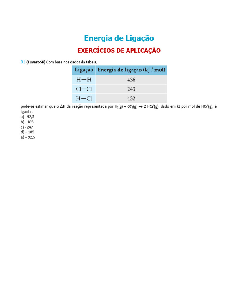 Exercícios sobre Energia de Ligação | PDF | Entalpia | Reações químicas