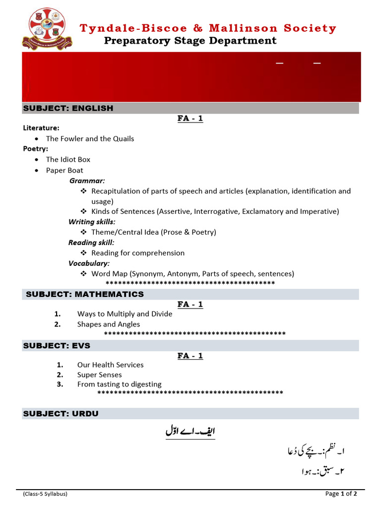 Class-5 - FA1 - Syllabus 2024-25 | PDF