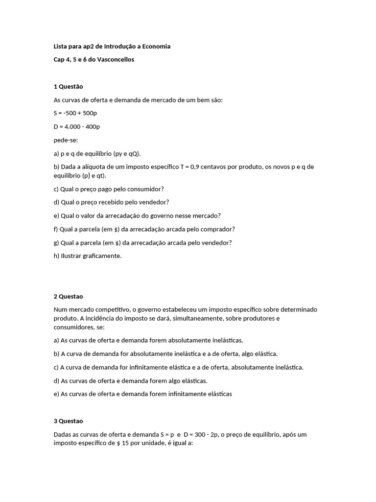 Exercícios de Economia com Gabarito | PDF | Demanda | Oferta e procura