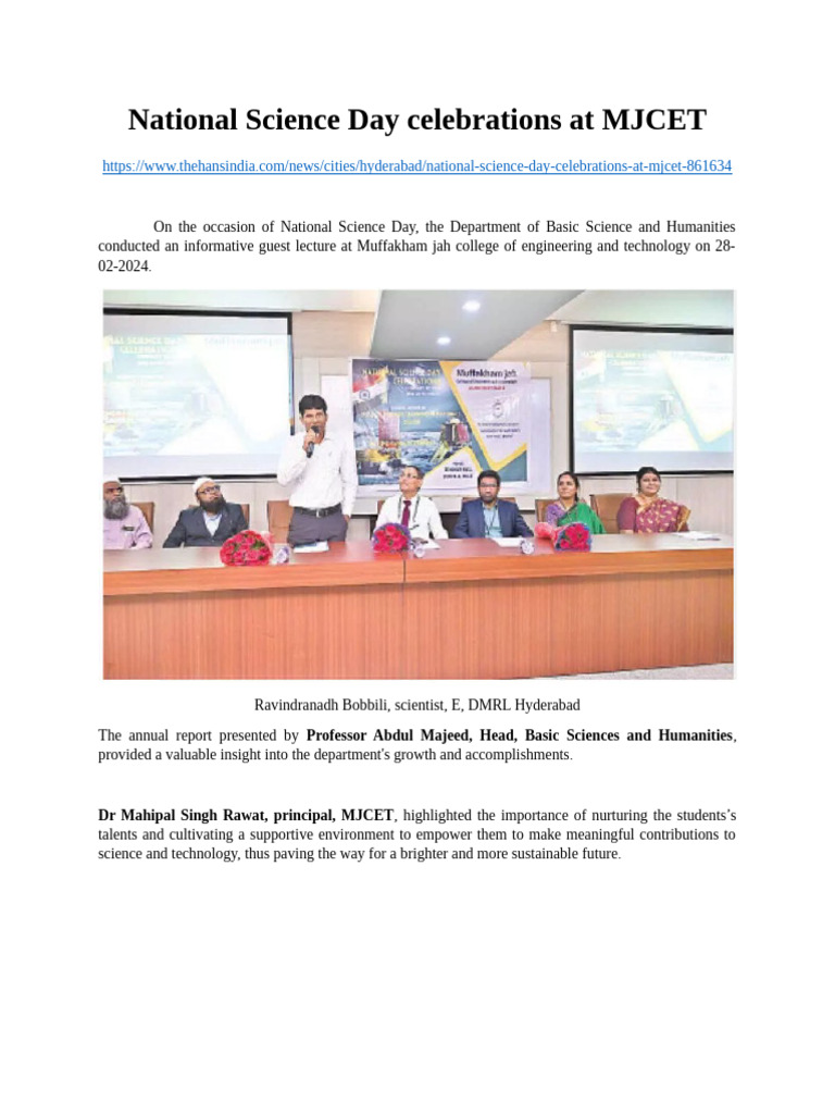 National Science Day at MJCET 2024 | PDF