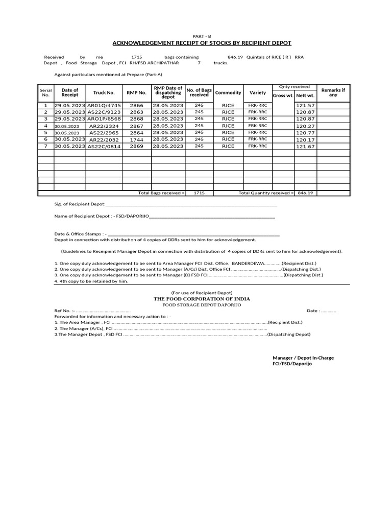 Acknowledgment of Rice Stock Receipt | PDF