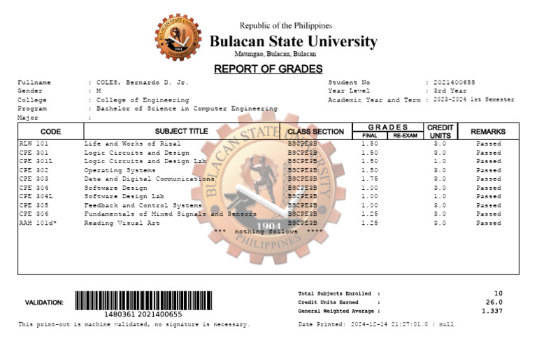 Report of Grades BsuUxYN2qnJqU | PDF | Electronics | Computer Science