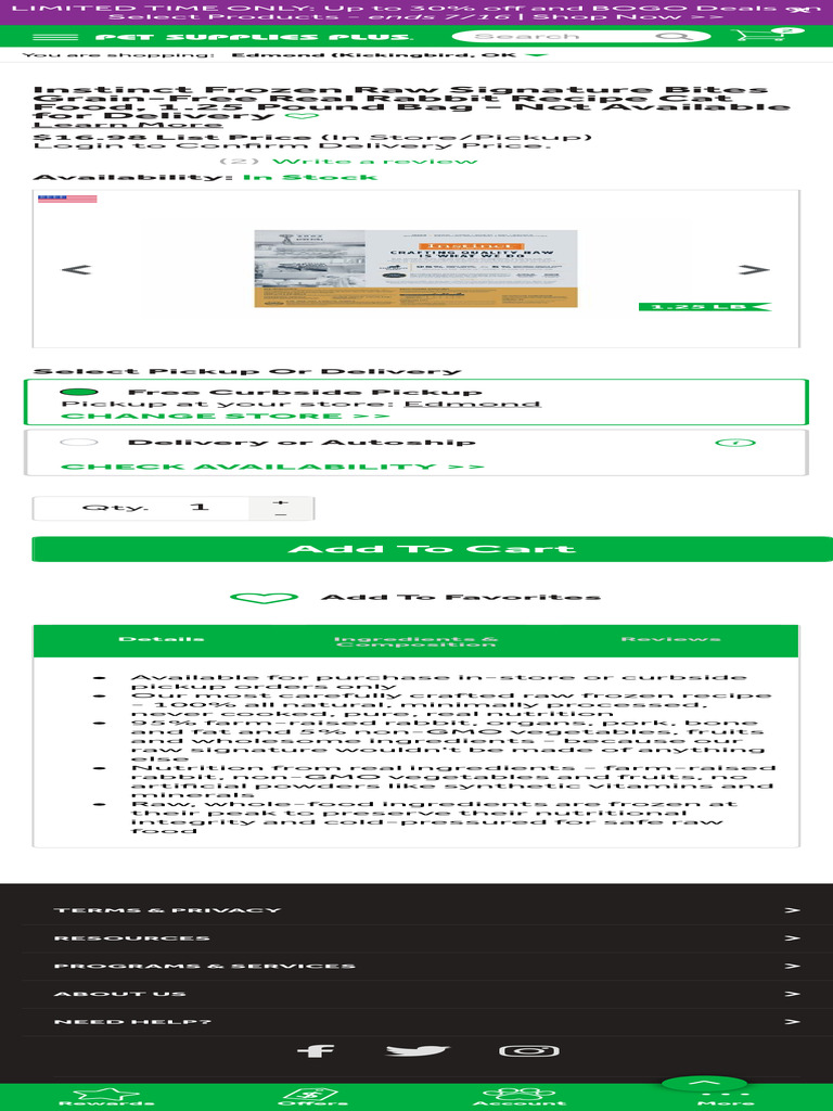 Instinct Frozen Raw Signature Bites Grain-Free Real Rabbit Recipe Cat ...