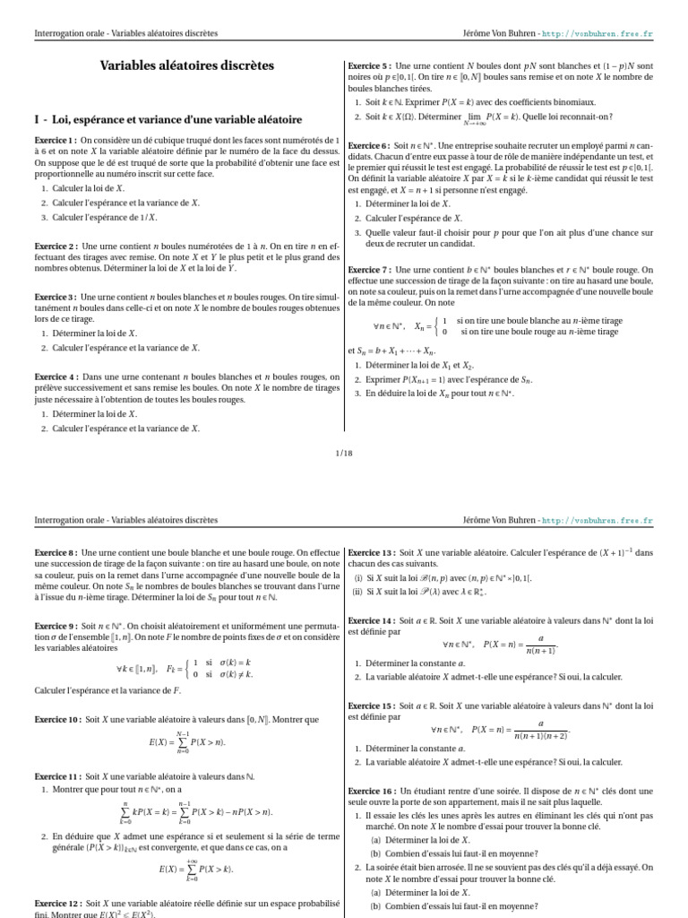 Variables aléatoires discrètes : Exercices et lois | PDF | Espérance ...