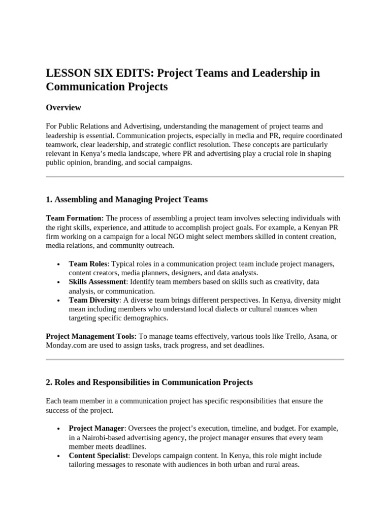 LESSON SIX EDITS Project Teams and Leadership in Communication Projects ...