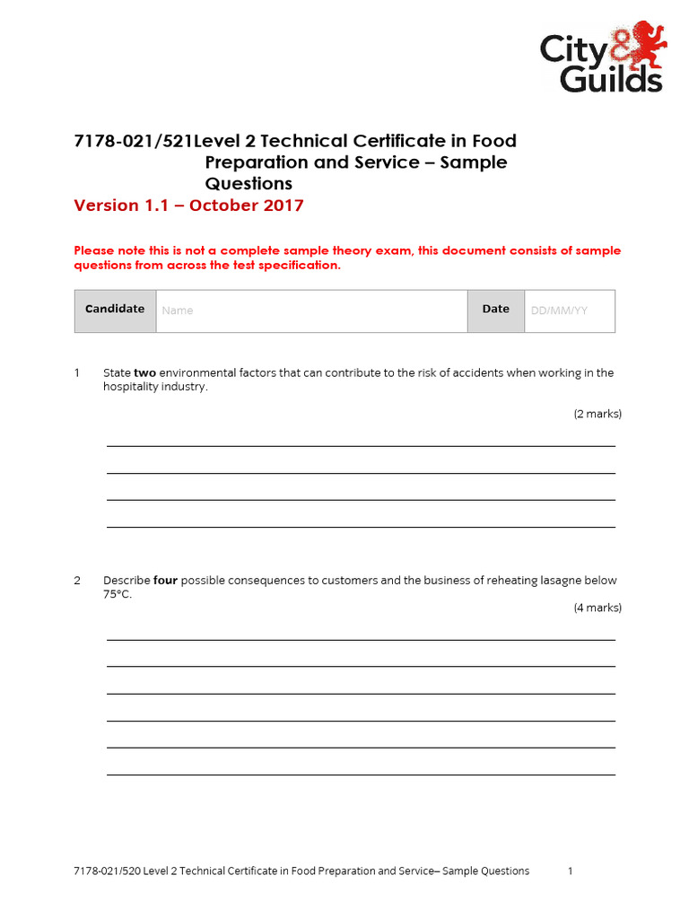 Level 2 Food Prep & Service Exam Questions | PDF | Cooking | Foodservice