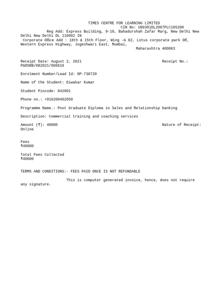 Post Graduate Diploma Fee Receipt | PDF
