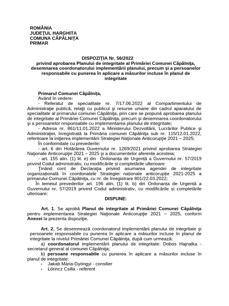 Dispozitie de Aprobare Plan de Integritate | PDF