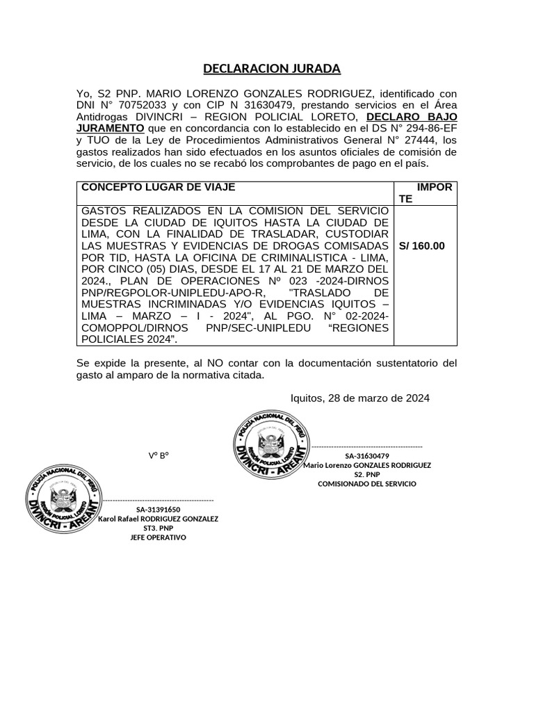 Declaración Jurada de Gastos PNP 2024 | PDF