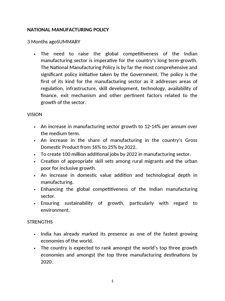 National Manufacturing Policy Overview | PDF | Infrastructure | Subsidy