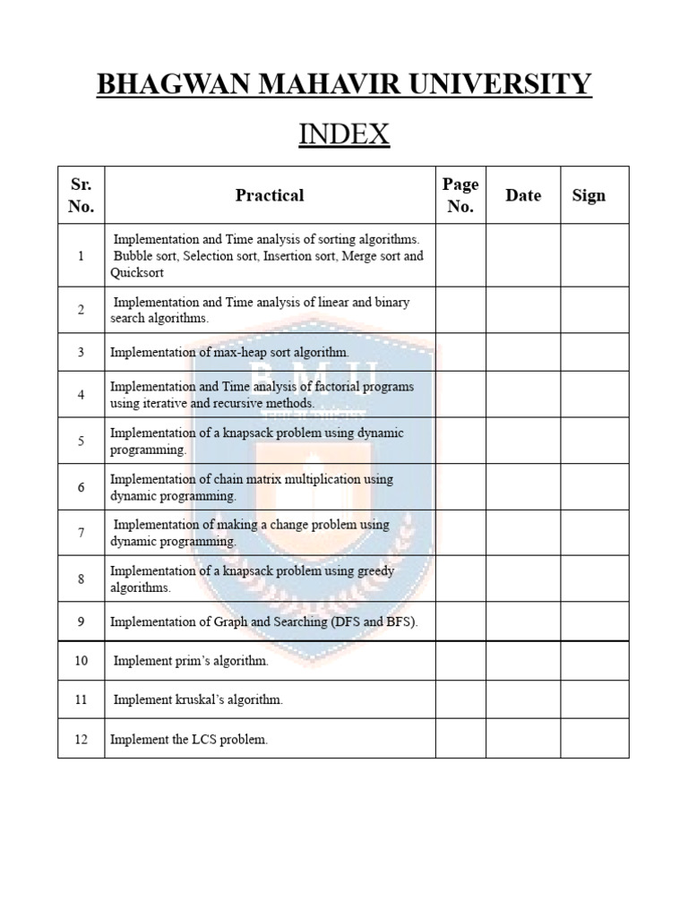 ADA Practical File INDEX Format | PDF