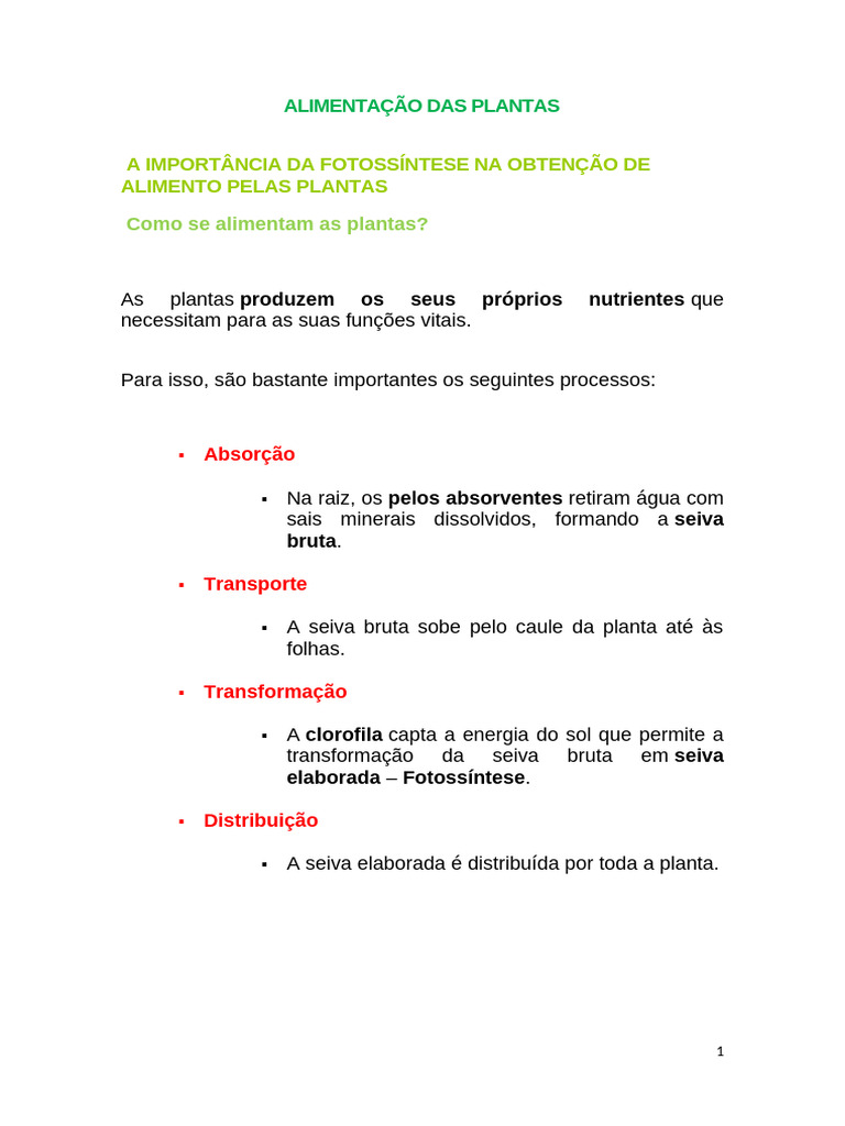 Alimentação Das Plantas | PDF | Fotossíntese | Plantas