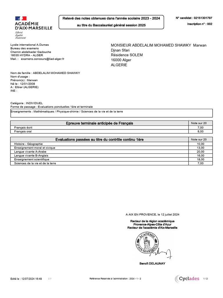 Relevé de notes Bac 2024 Algérie | PDF | Enseignement secondaire | Écoles