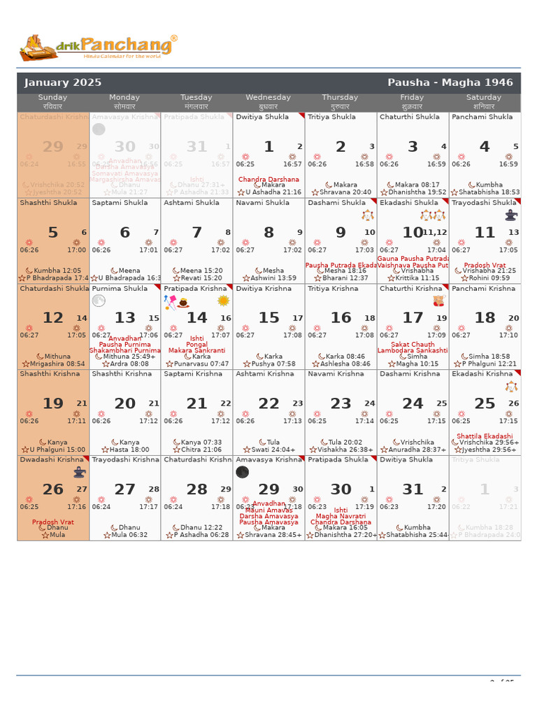Calendar 2025 Hindu Panchang 