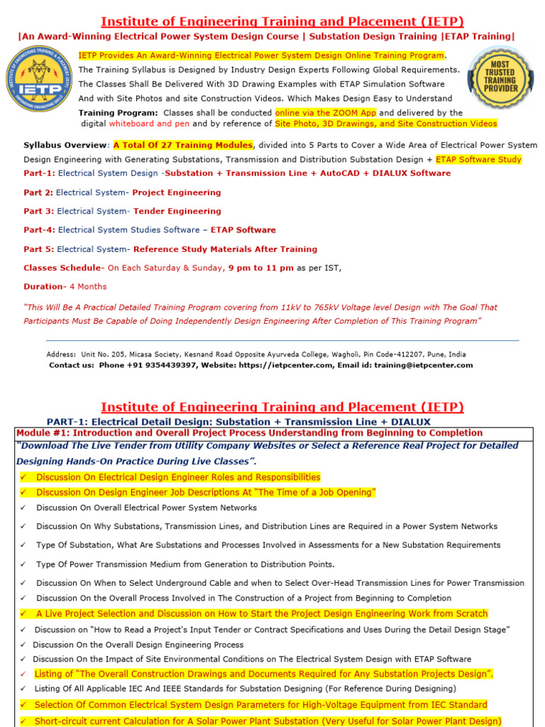 ETAP Substation Design Training Course | PDF | Electrical Substation ...