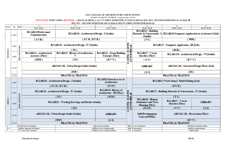ANU B.ARCH 2024-25 Tentative Timetable | PDF