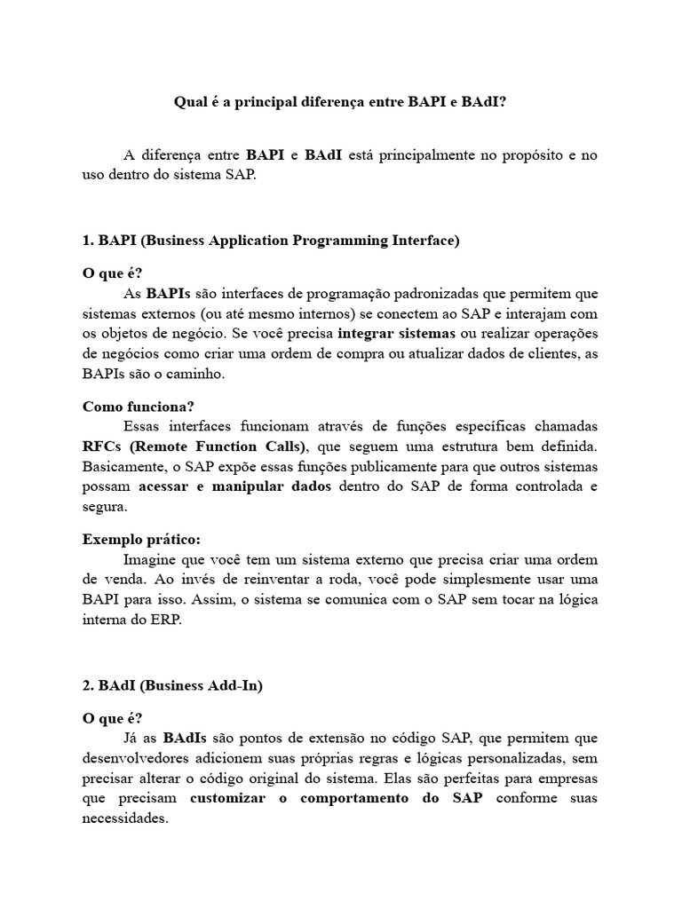 Diferenças entre BAPI e BAdI no SAP | PDF