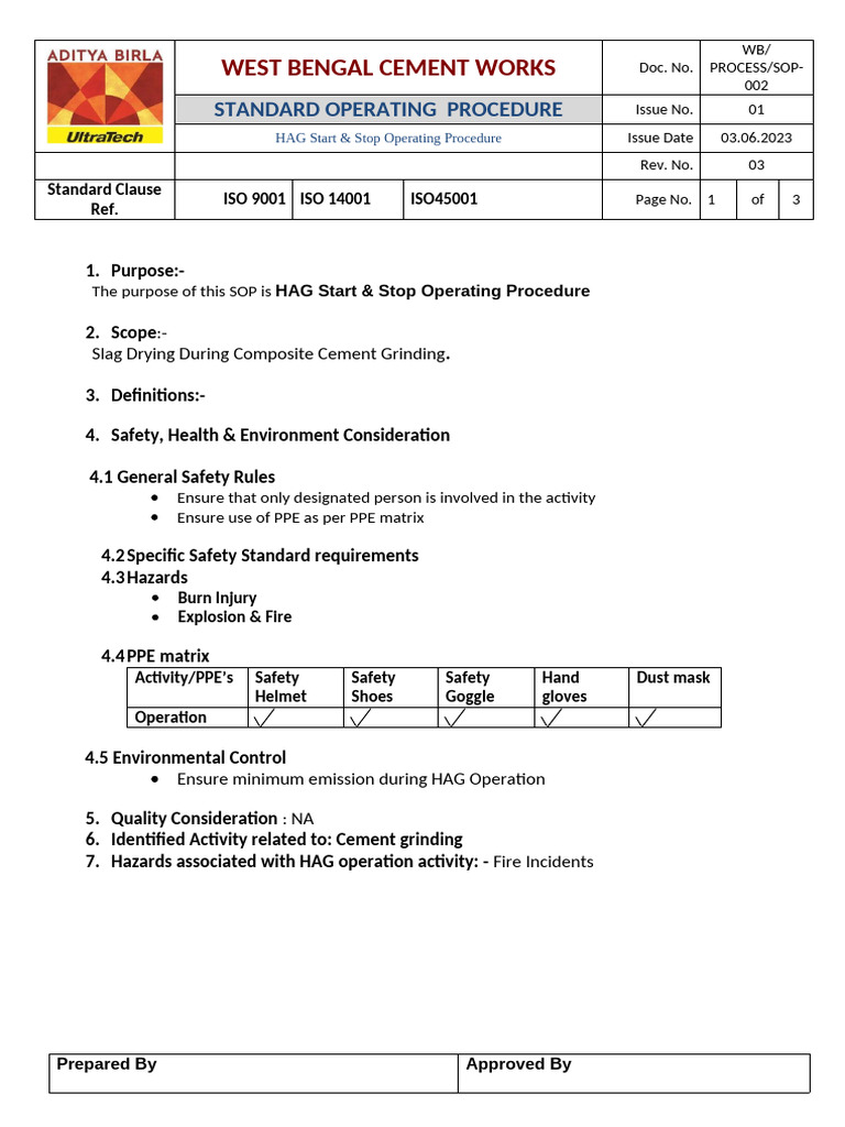 HAG Operation SOP for Cement Plant | PDF | Personal Protective ...