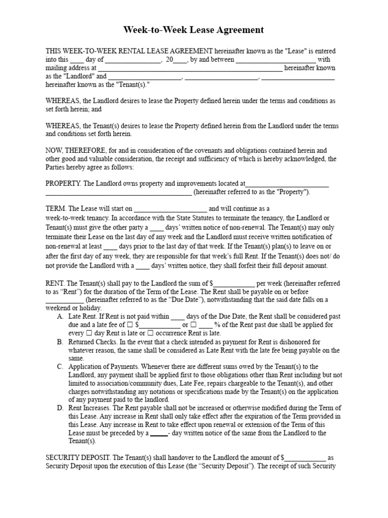 Week-to-Week Rental Lease Agreement | PDF | Lease | Leasehold Estate