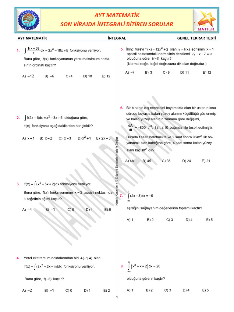 Ayt Matematik Son Virajda Integrali Bitiren Sorular 2 | PDF