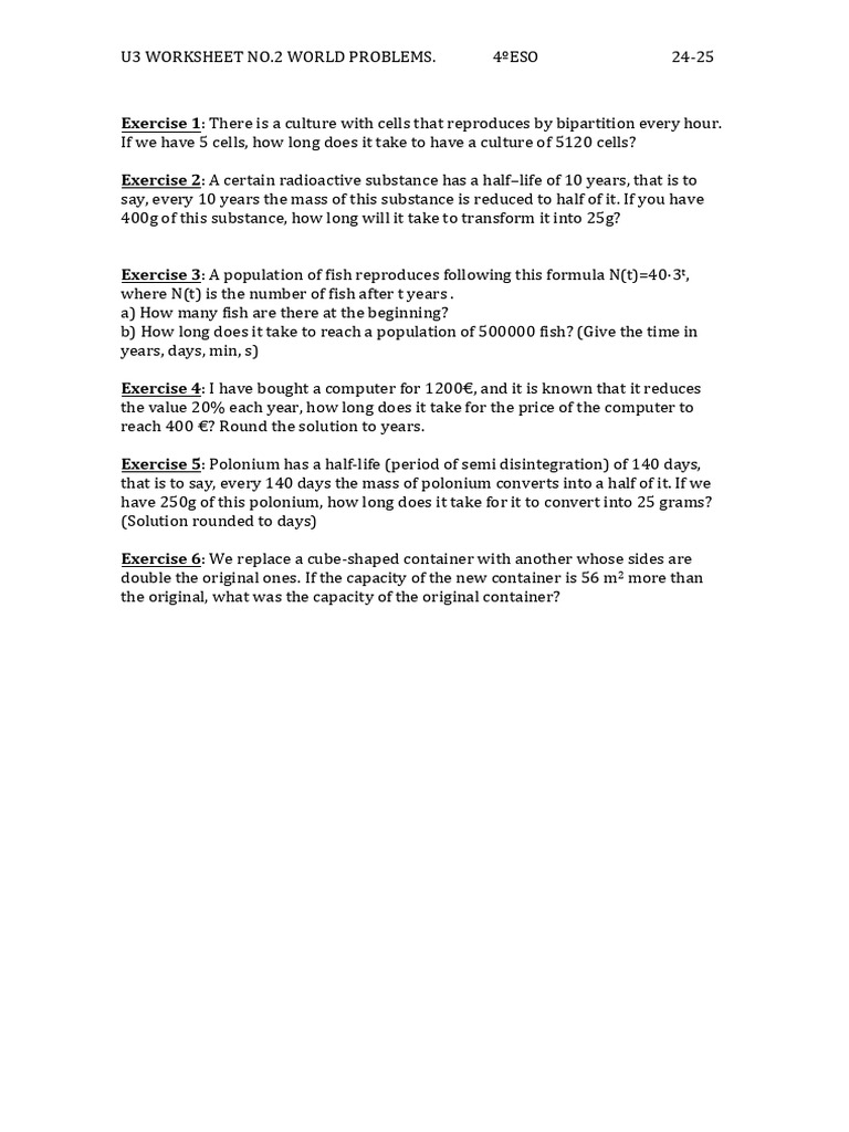 World Problems Worksheet for 4ºESO | PDF