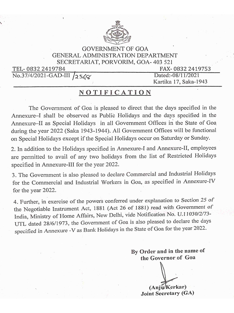 Notification GAD Holiday List | PDF