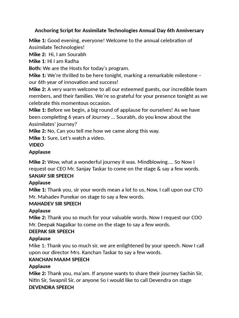 Anchoring Script For Assimilate Technologies Annual Day | PDF