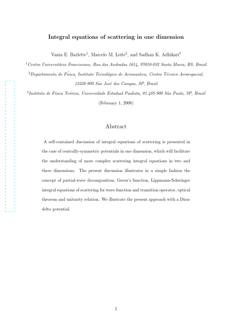 One-Dimensional Scattering Equations | PDF | Wave Function | Green's ...