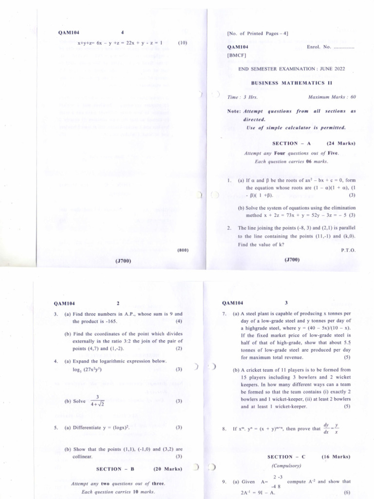 Business Mathematics, - II, (QAM104), APRIL-MAY-22 | PDF