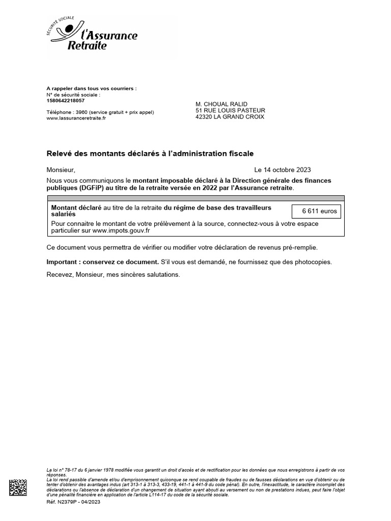 Attestation fiscale retraite 2022 | PDF | Retraite | Allocations