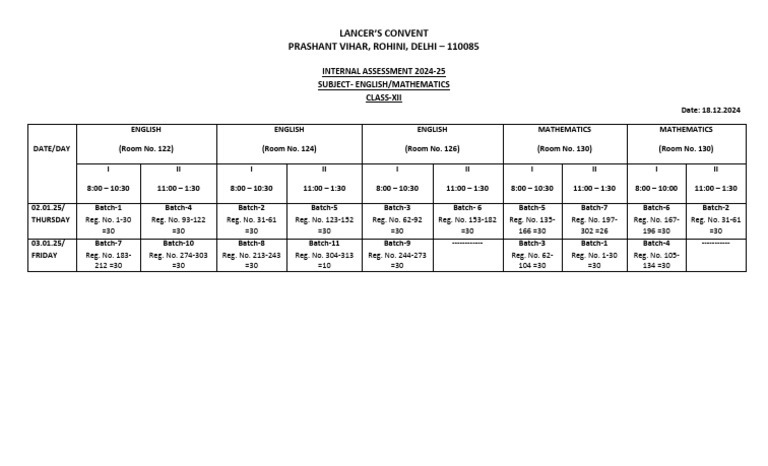 Class XII Internal Assessment Schedule | PDF
