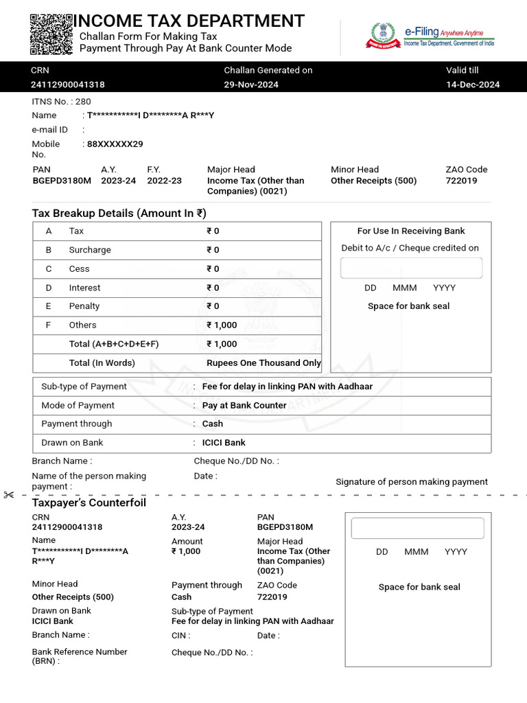 Income Tax Payment Challan Form | PDF | Payments | Cheque