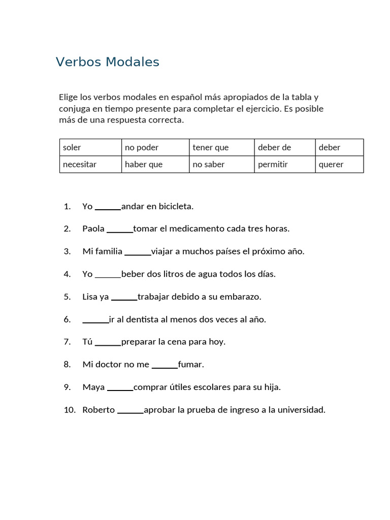 Ejercicios de Verbos Modales en Español | PDF