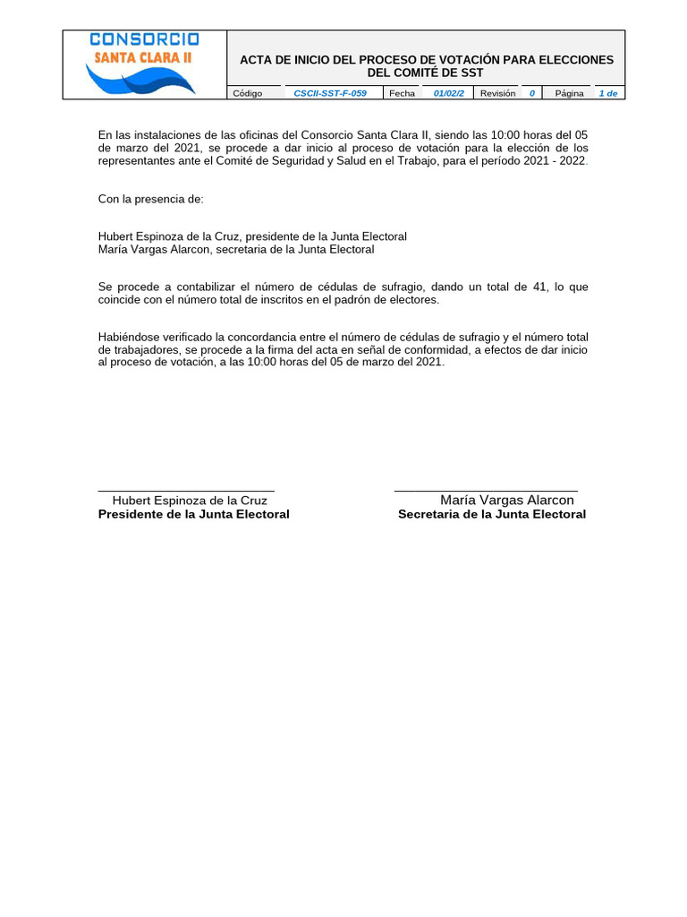 CT-SST-F-059 Acta de Inicio Del Proceso de Votación para Elecciones Del ...