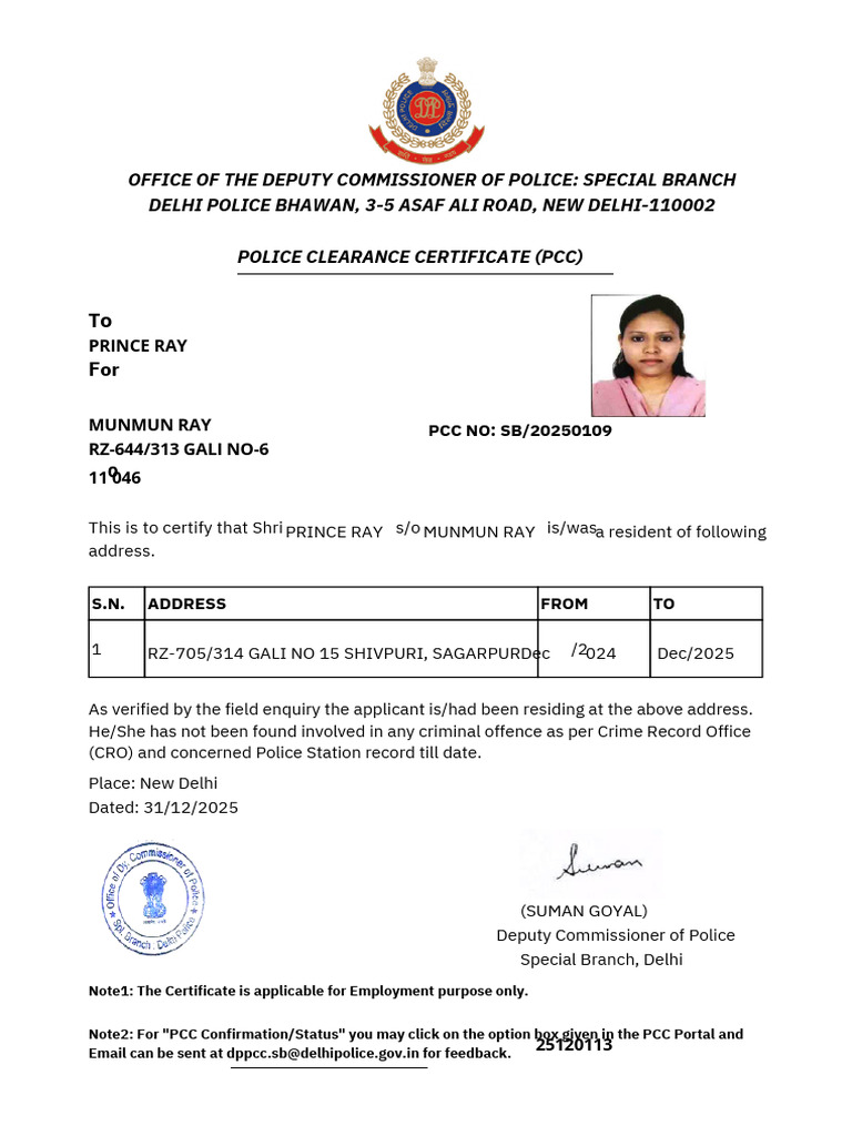 Police Clearance Certificate for Employment | PDF