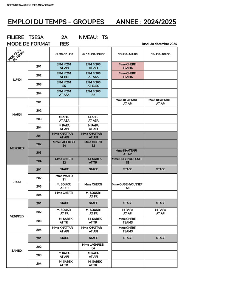Emploi du temps 2024/2025 OFPPT TSESA | PDF