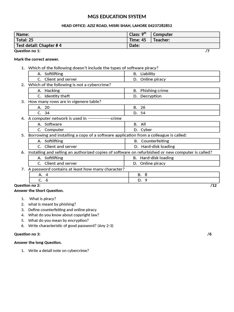 Academy 9th Computer Test ch#3 | PDF | Copyright Infringement | Cybercrime