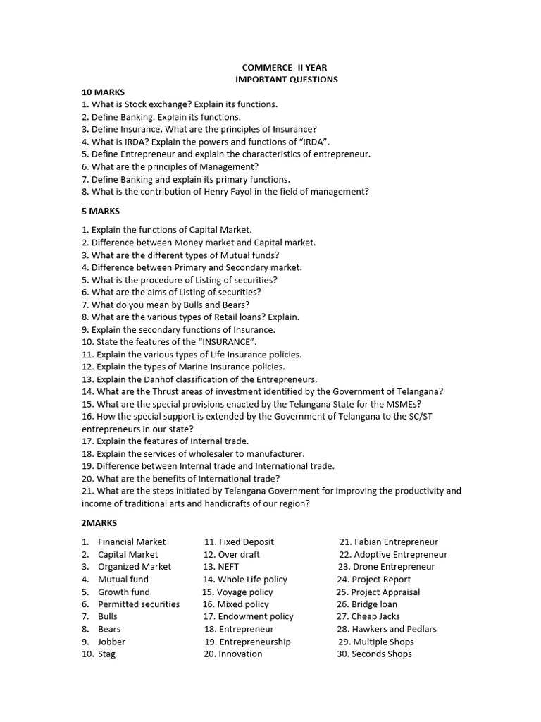 Important Commerce Questions for Year II | PDF | Entrepreneurship ...