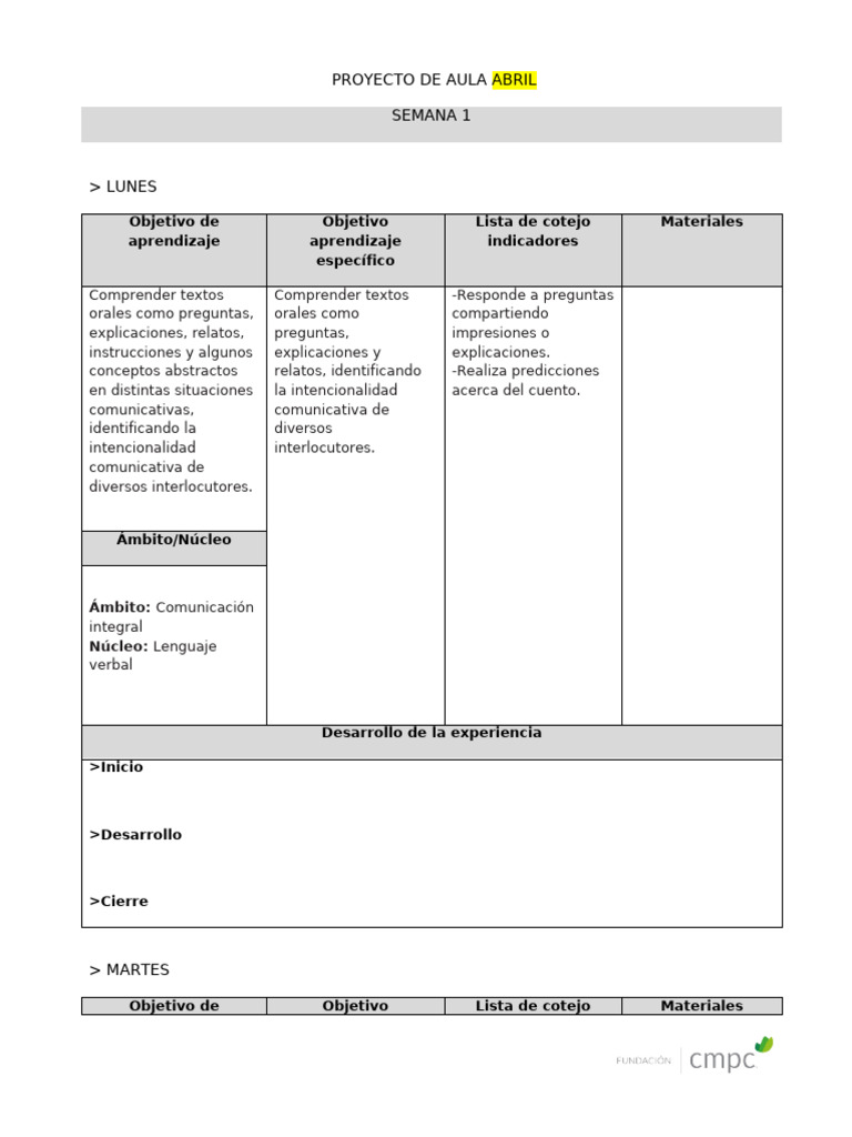 PROYECTO de AULA Plantilla Planificación (5) (1) | PDF | Aprendizaje ...