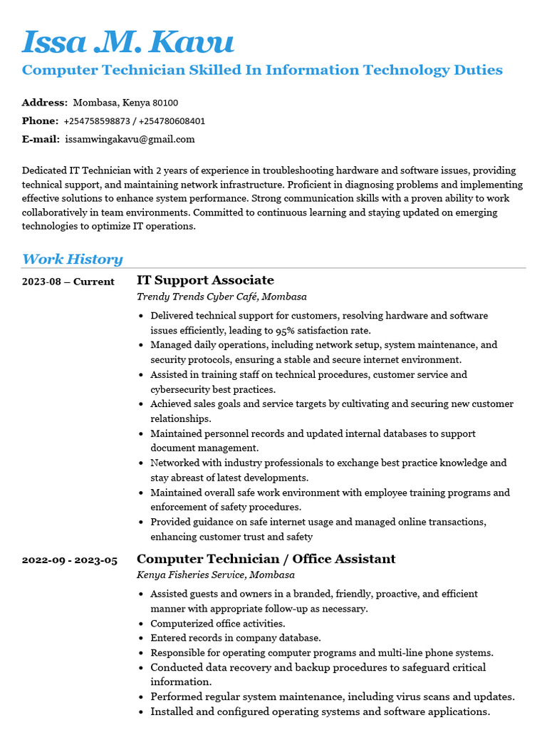 Issa Mwinga Kavu Resume | PDF | Technical Support | Computer Security