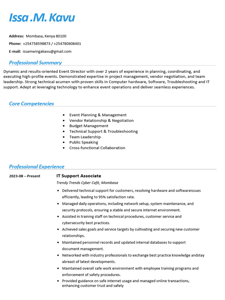 Issa Mwinga Kavu Event Resume | PDF | Technical Support | Computer Security