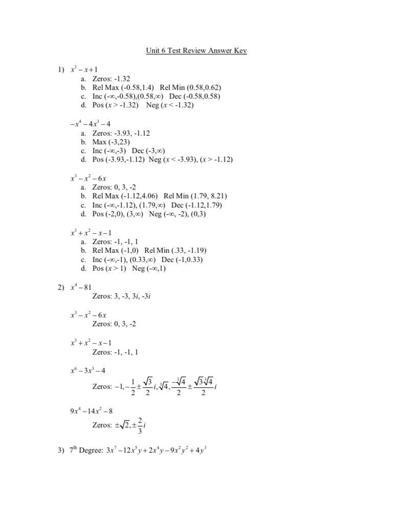 Unit 6 Test Review Answer Key
