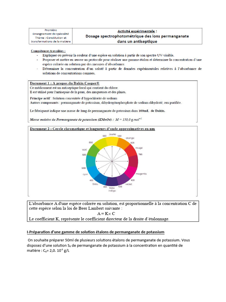 TP sur la loi de Beer-Lambert en S1 | PDF | L'absorbance ...